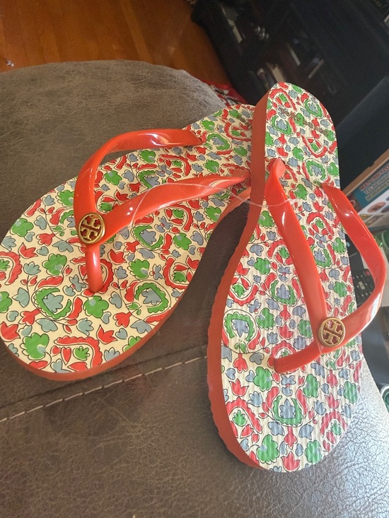 Tory Burch Shoes - Tory Burch Red Strap Floral Print Logo Flip Flops